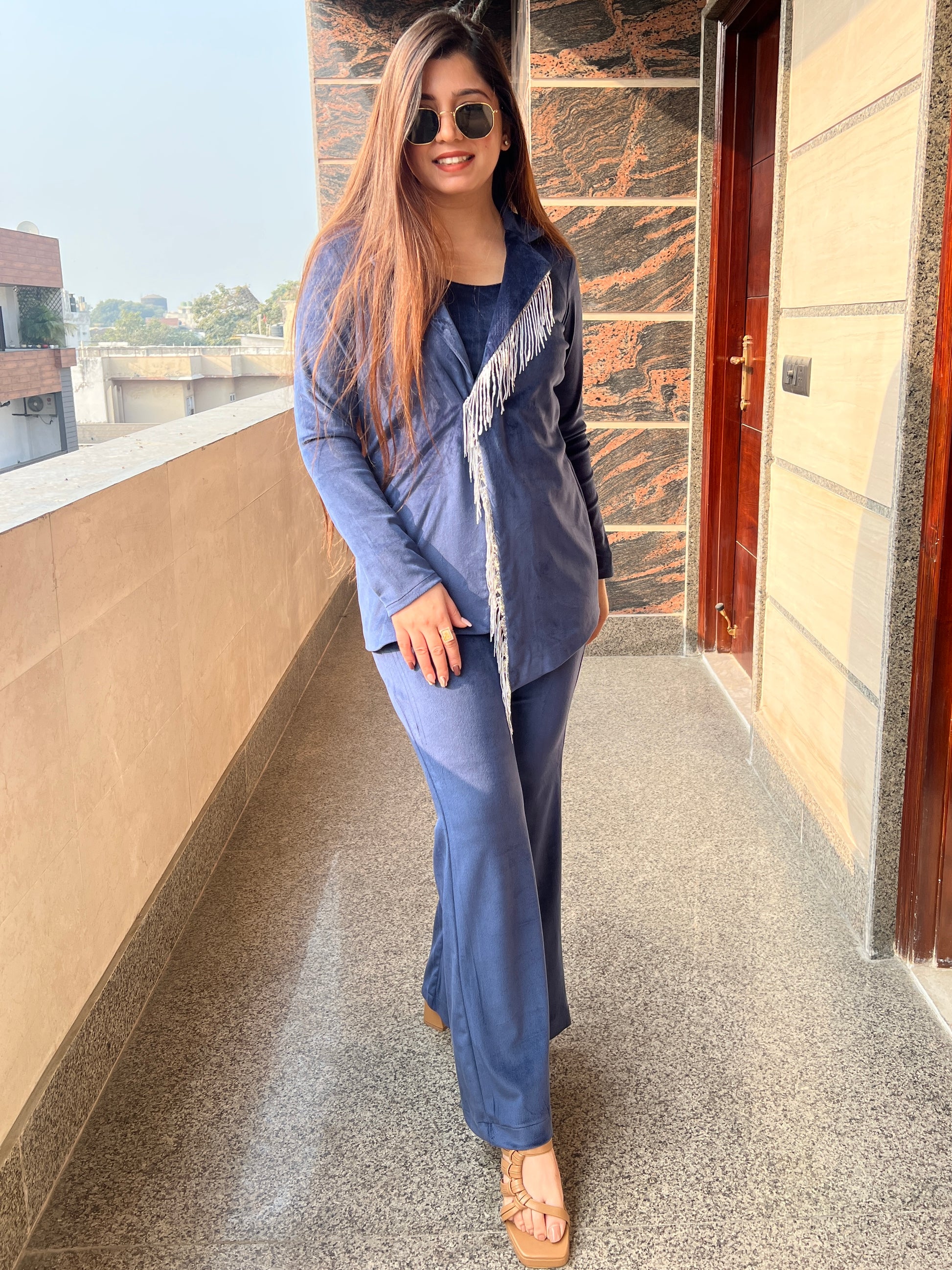 Renne Blue Velvet Three Piece Set