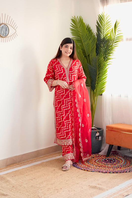 Farz Red Bandhani Print Suit Set