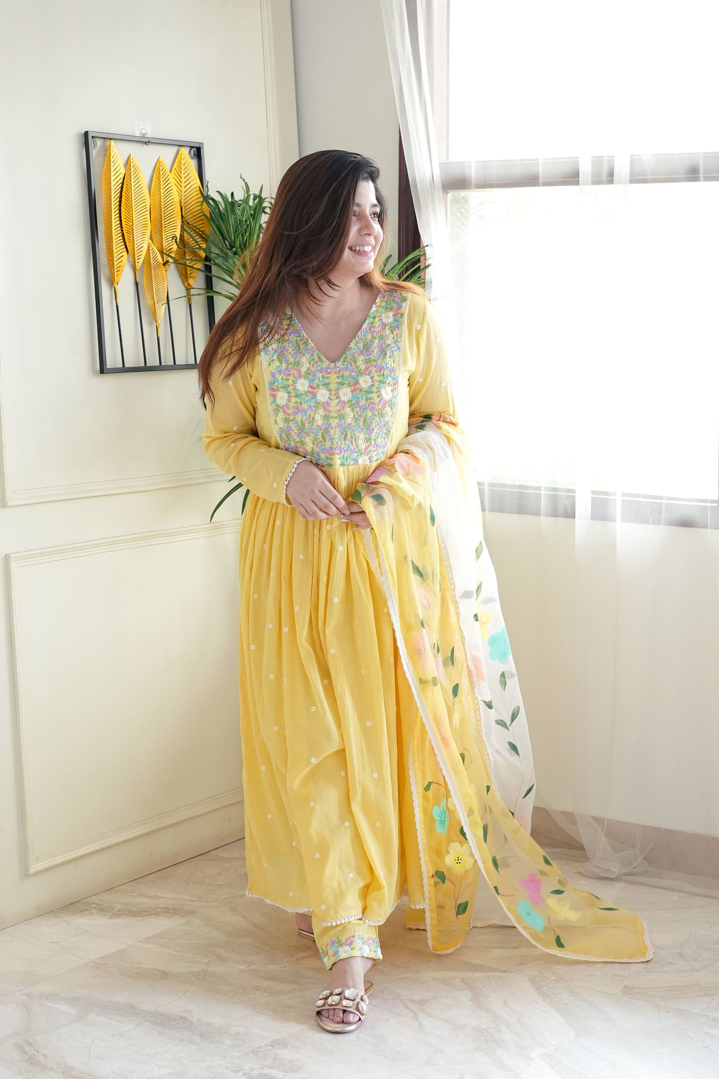 Niza Yellow Embroidered Anarkali Suit Set