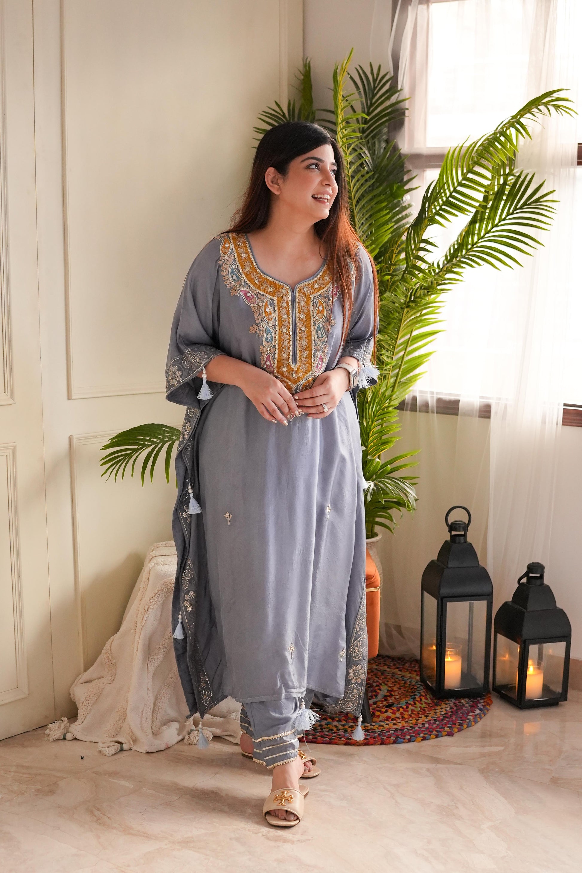 Geet Grey Embroidered Kaftan Set