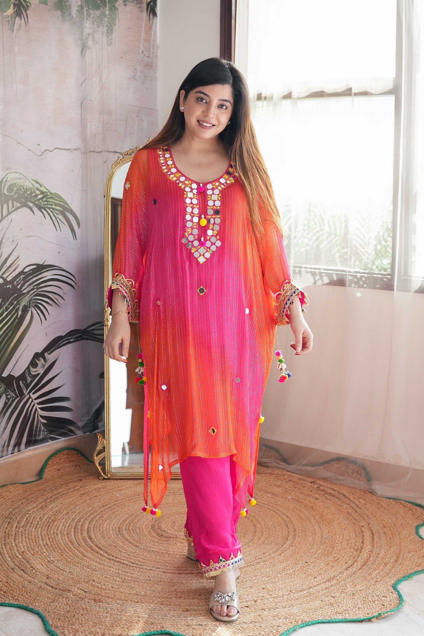 Maurya Orange Mirror Work Kaftan Set