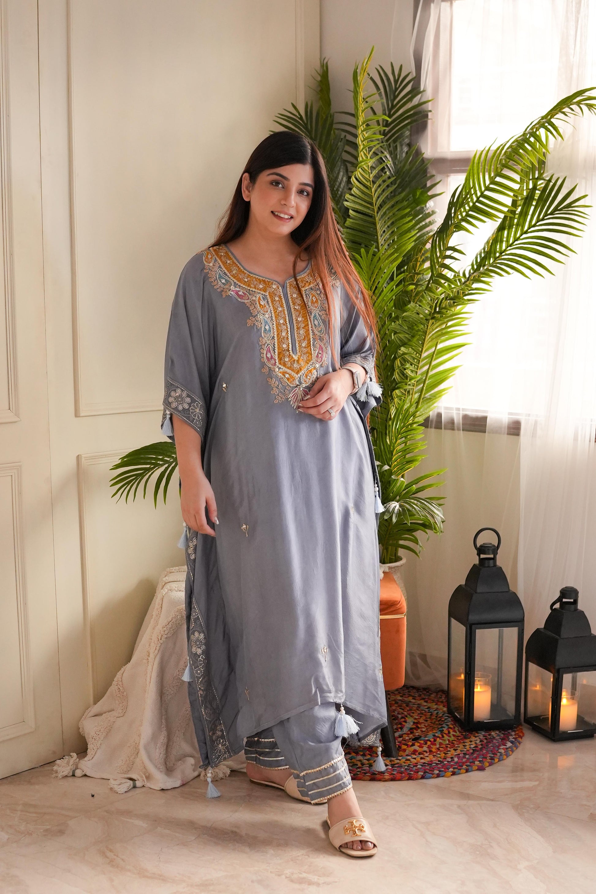 Geet Grey Embroidered Kaftan Set