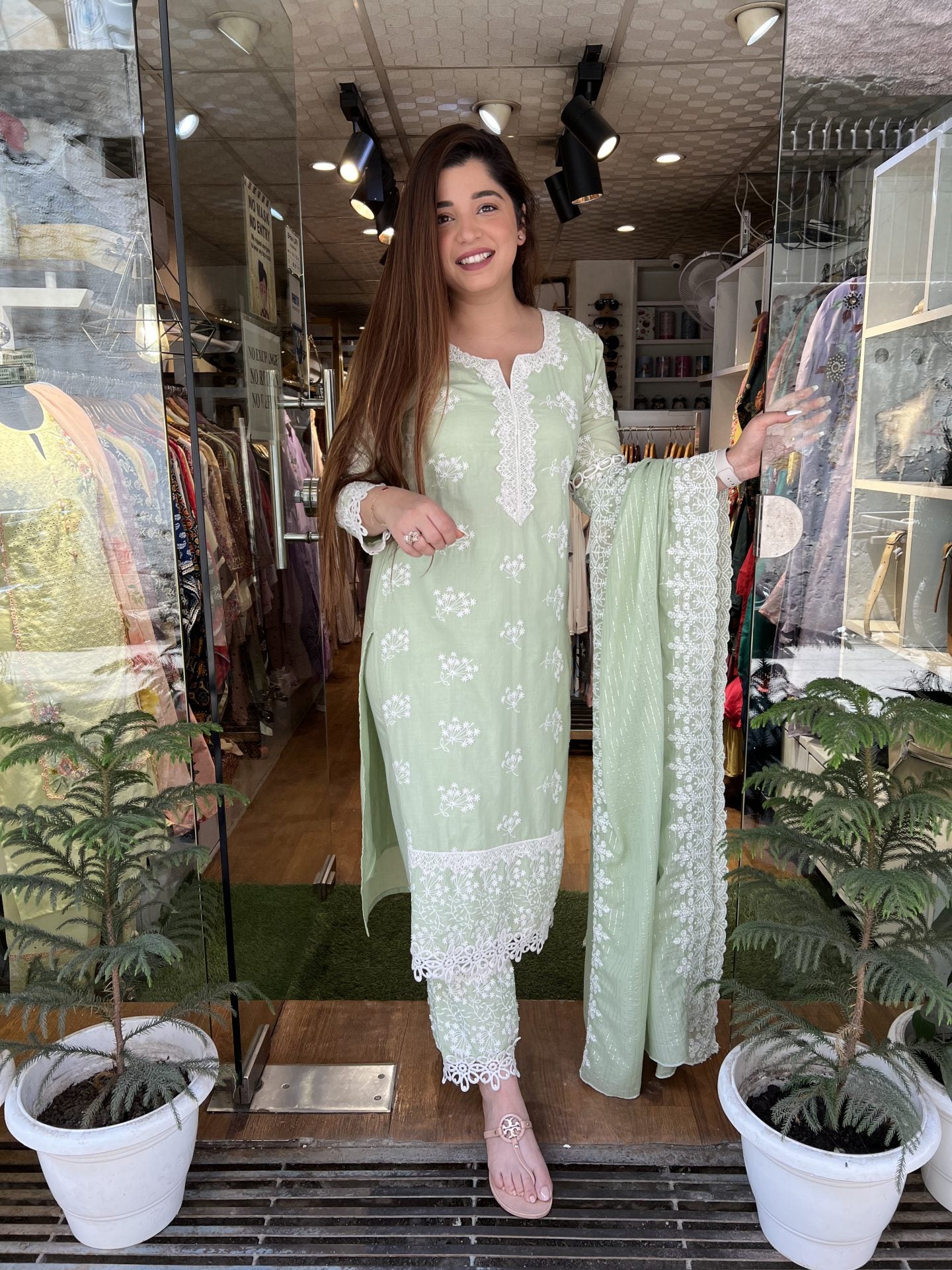 Pranaya Green Schiffli Suit Set