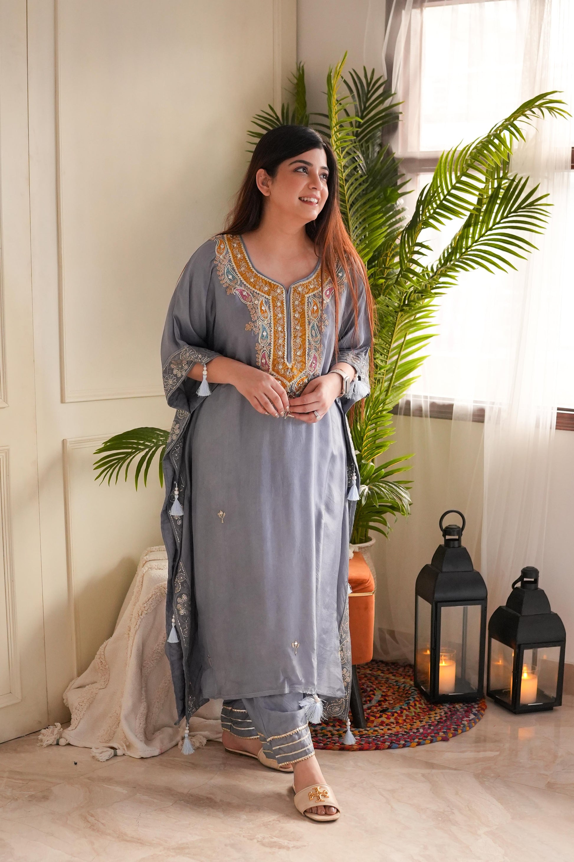 Geet Grey Embroidered Kaftan Set