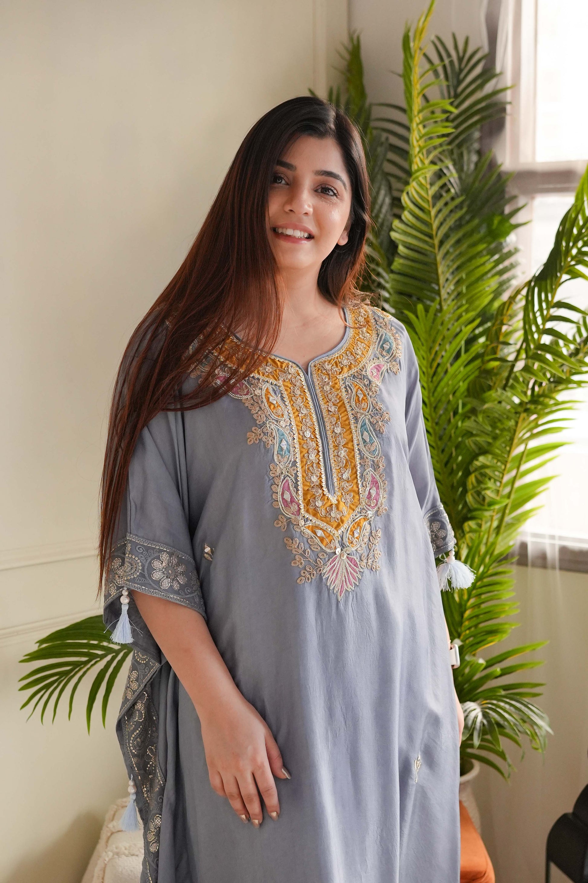 Geet Grey Embroidered Kaftan Set