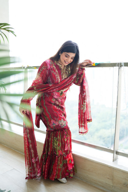 Jeha Red Floral Print Sharara Set