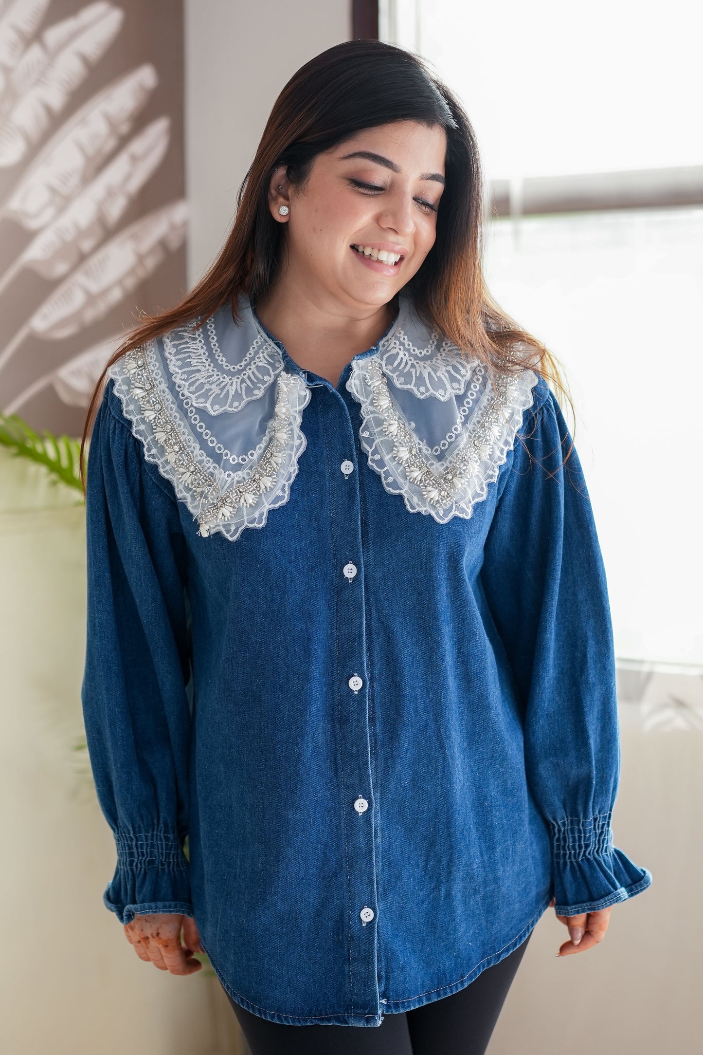 Nyla Crystal Embellished Denim Shirt