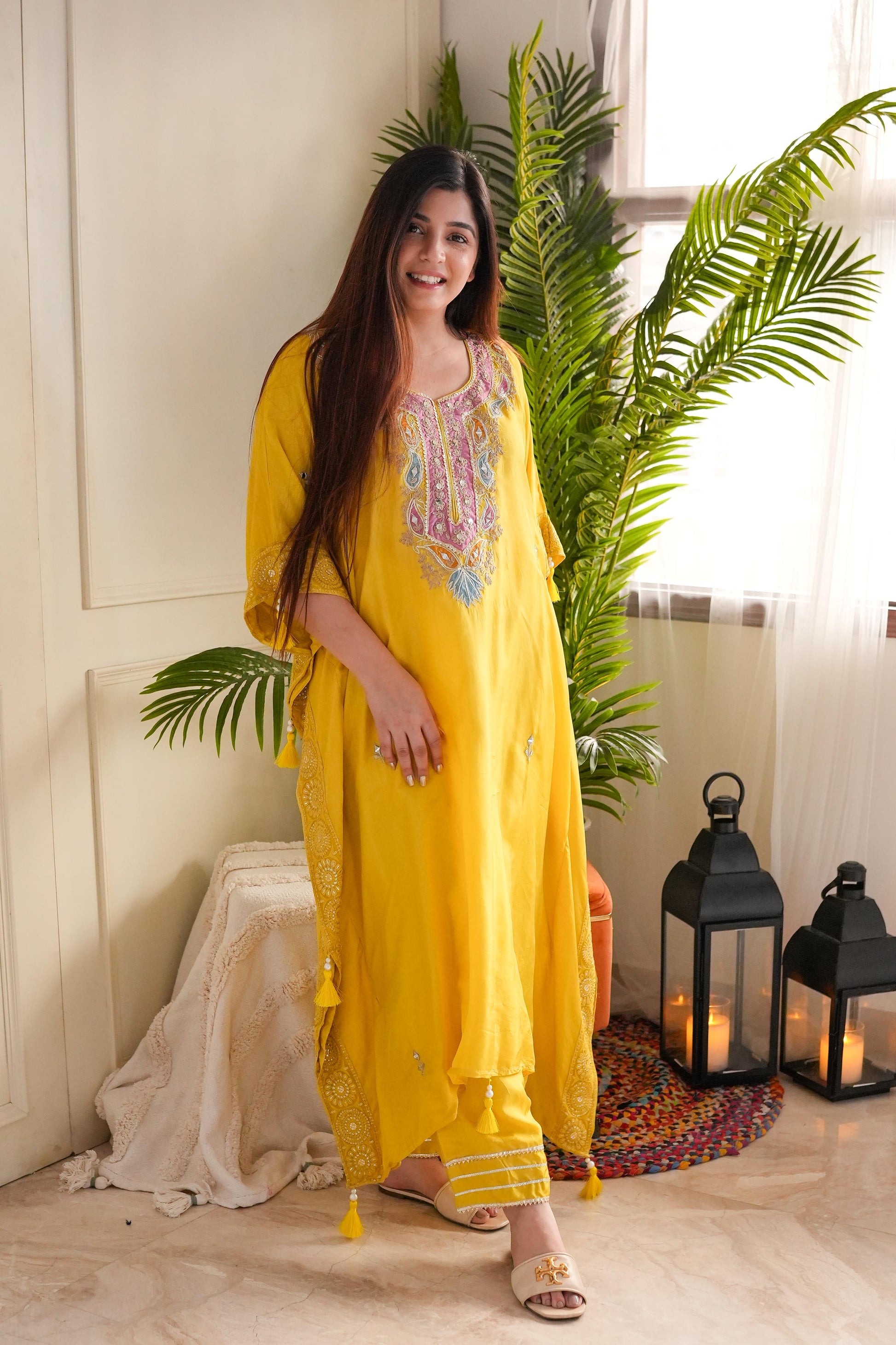 Geet Yellow Embroidered Kaftan