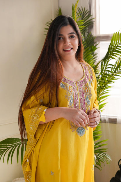 Geet Yellow Embroidered Kaftan