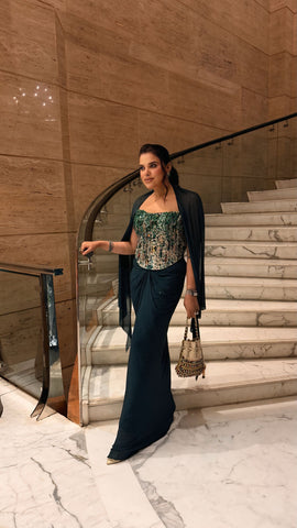 Yuza Green Embroidered Skirt Set