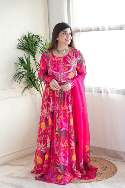 Kaaz Printed Anarkali Maxi With Dupatta