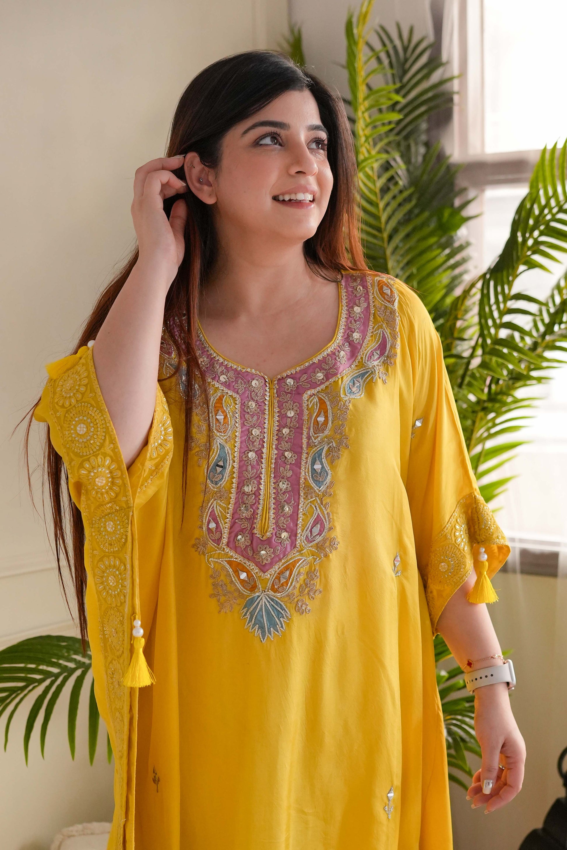 Geet Yellow Embroidered Kaftan