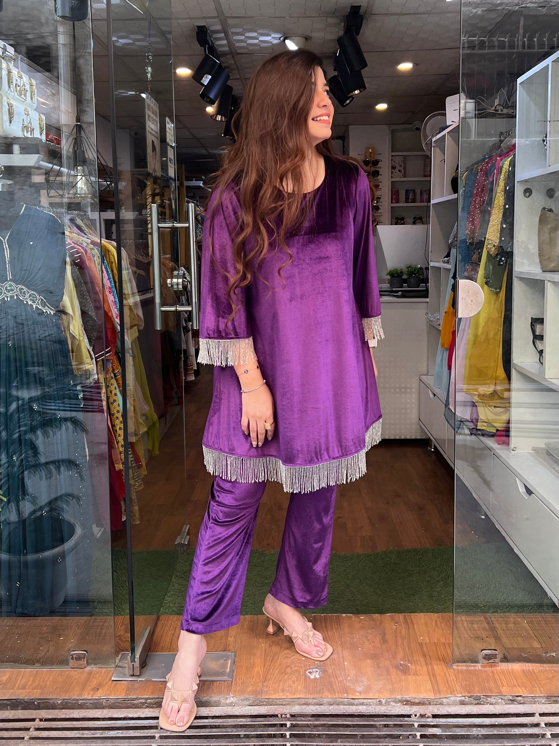 Nimrit Purple Velvet Plazo Set