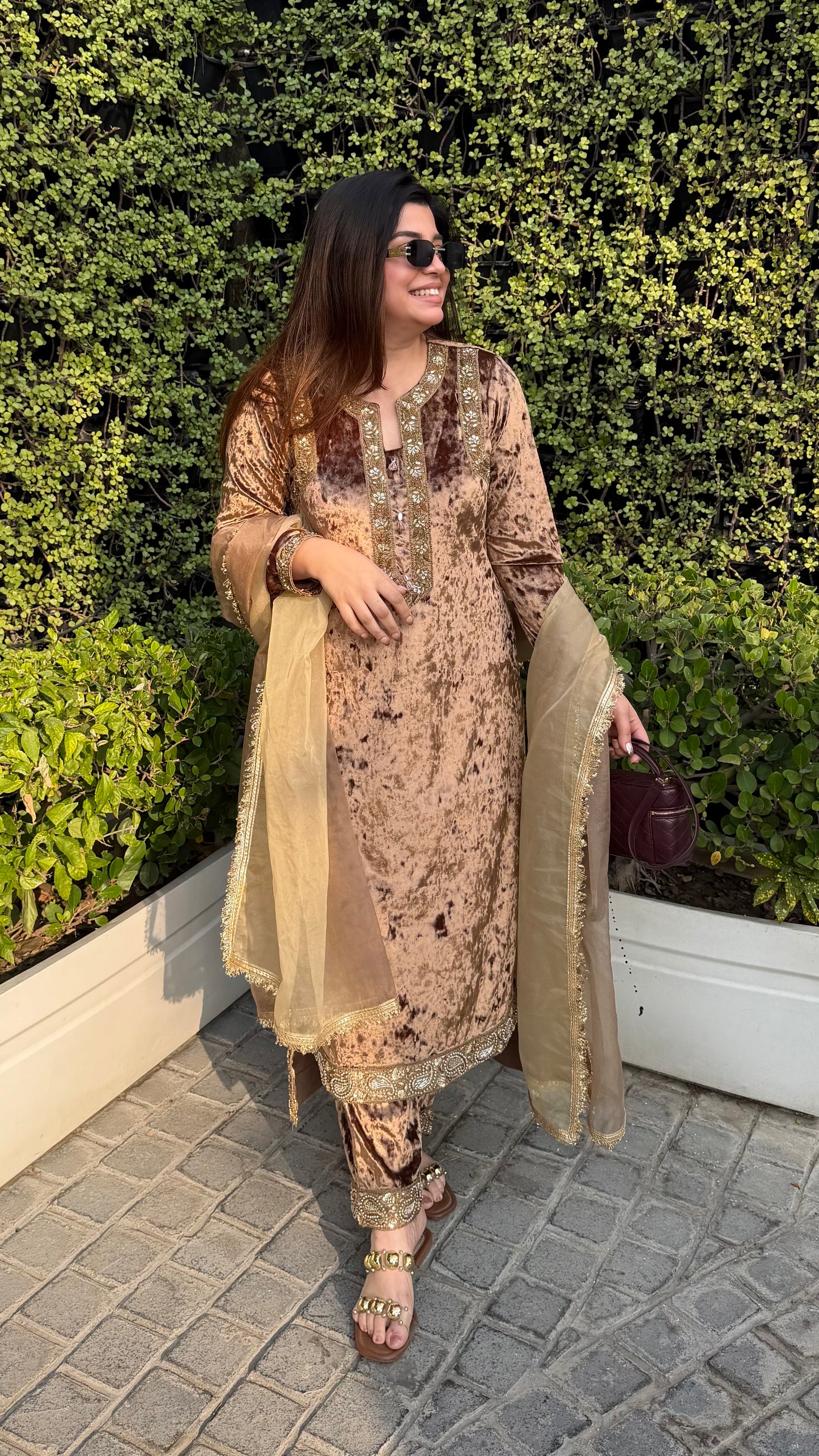 Meherban Golden Velvet Suit