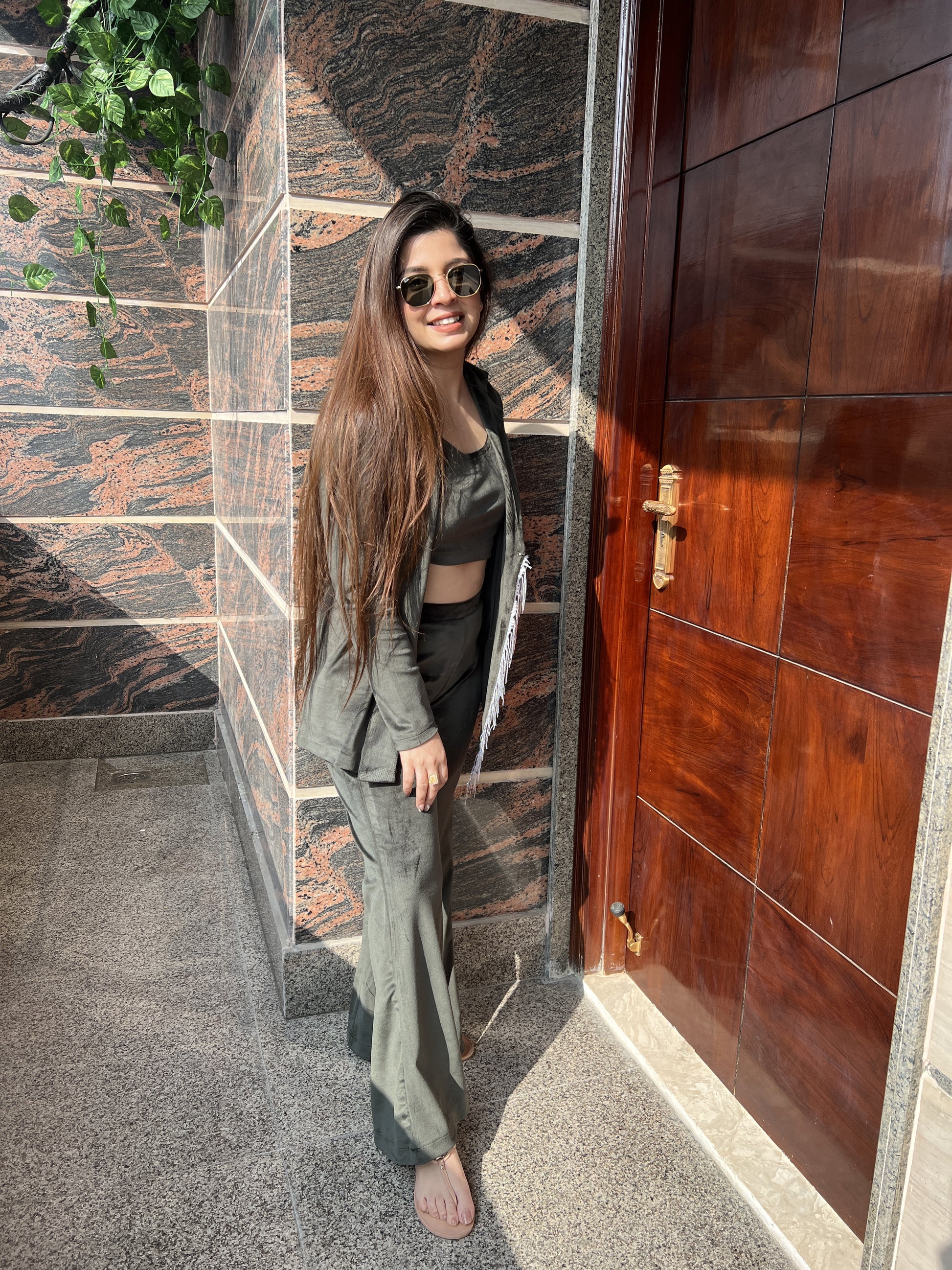 Renne Olive Velvet Three Piece Set