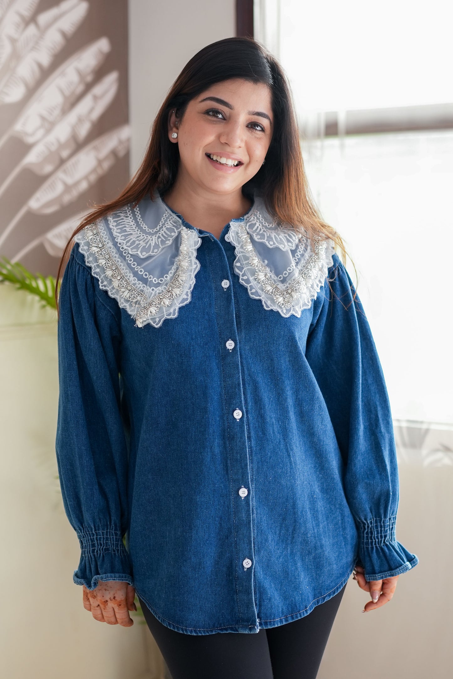 Nyla Crystal Embellished Denim Shirt