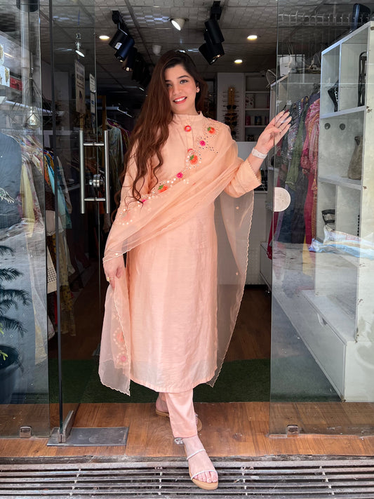 Farah Peach Silk Suit With Embroidered Dupatta