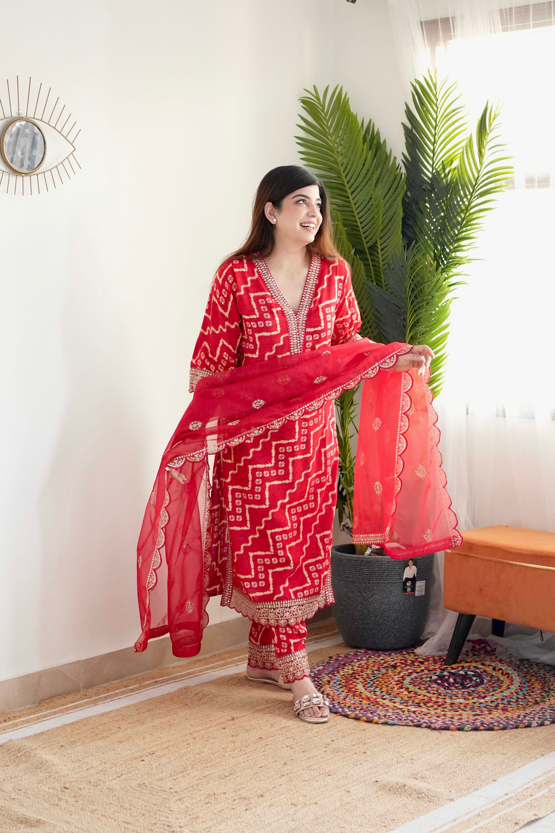 Farz Red Bandhani Print Suit Set