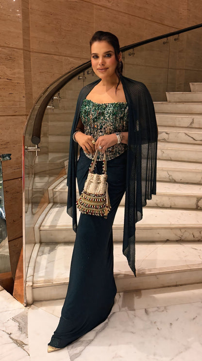 Yuza Green Embroidered Skirt Set