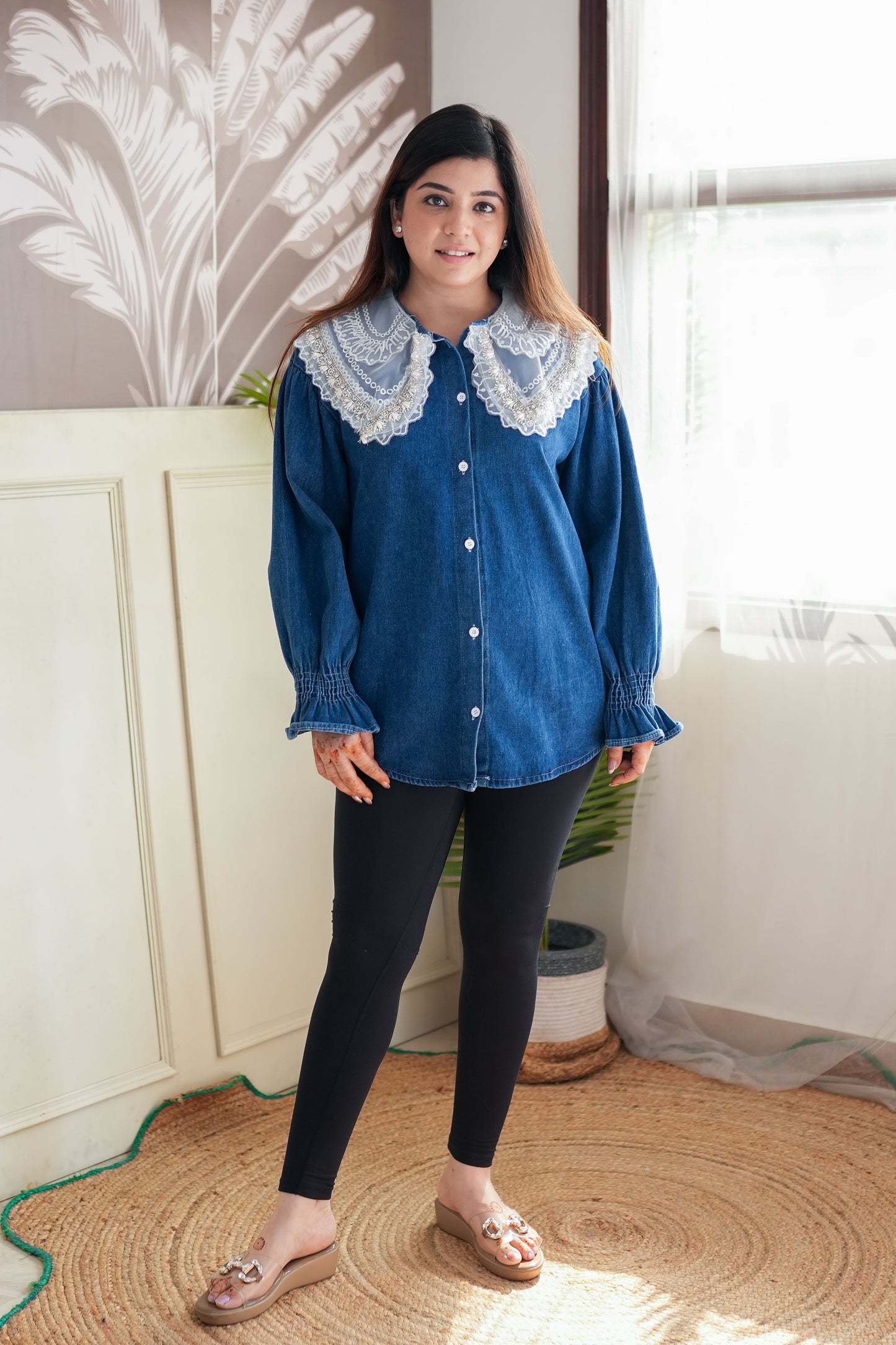 Nyla Crystal Embellished Denim Shirt