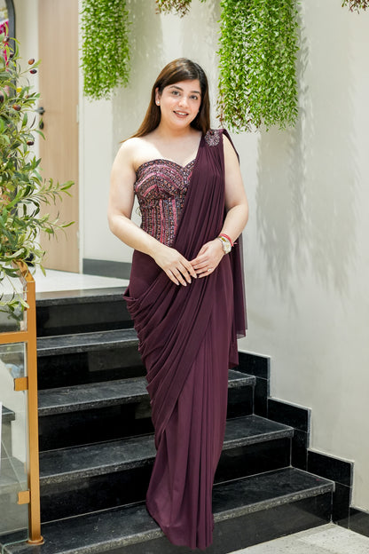 Fira Wine Crystal Embellished Corset Drape Saree
