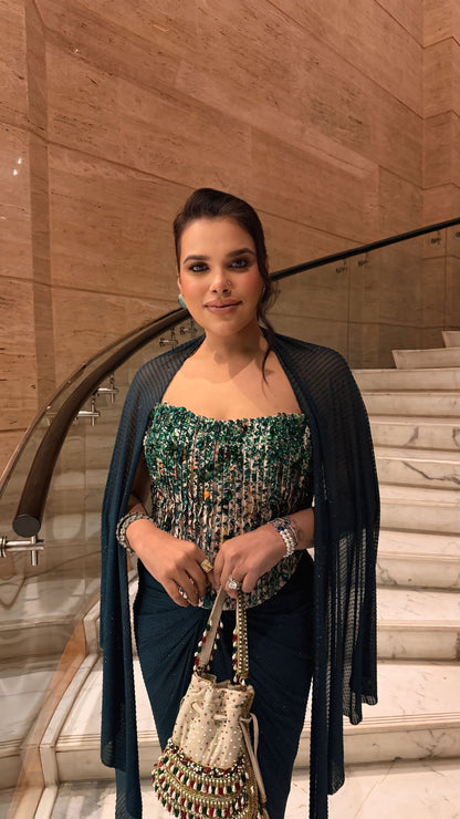 Yuza Green Embroidered Skirt Set