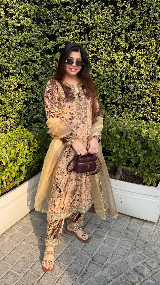 Meherban Golden Velvet Suit
