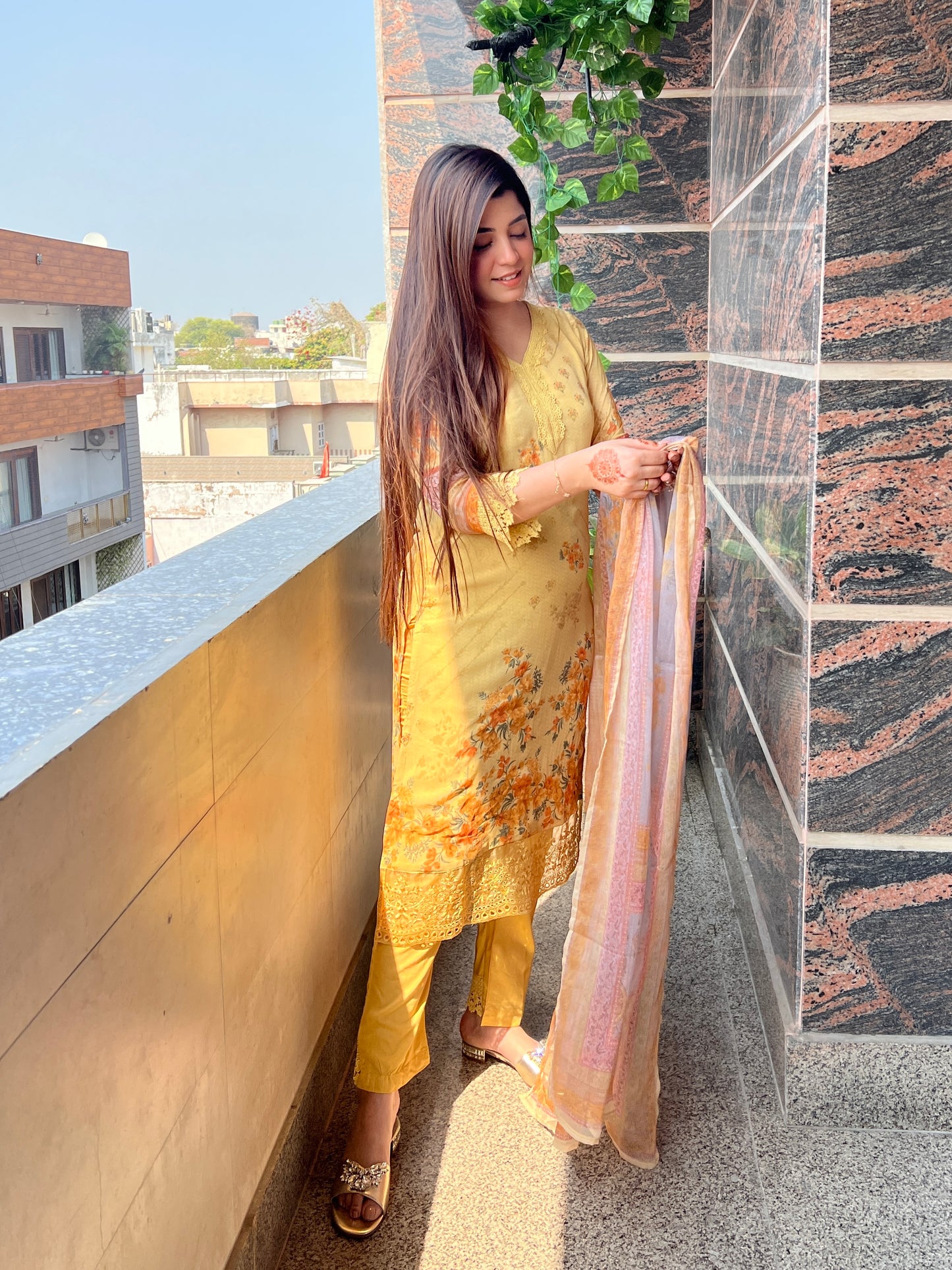 Fatima Yellow Printed Suit Set