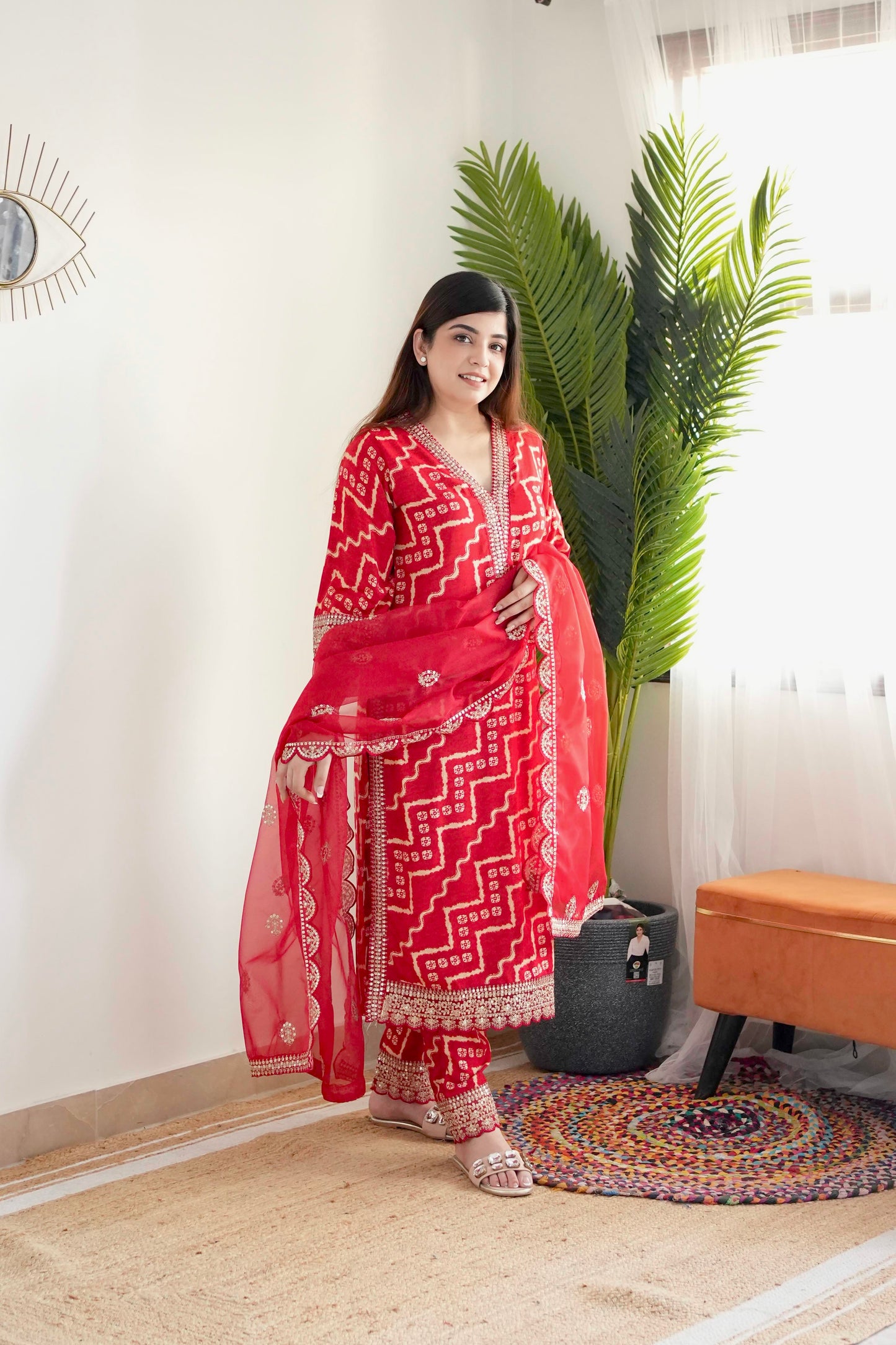 Farz Red Bandhani Print Suit Set