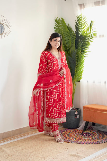 Farz Red Bandhani Print Suit Set