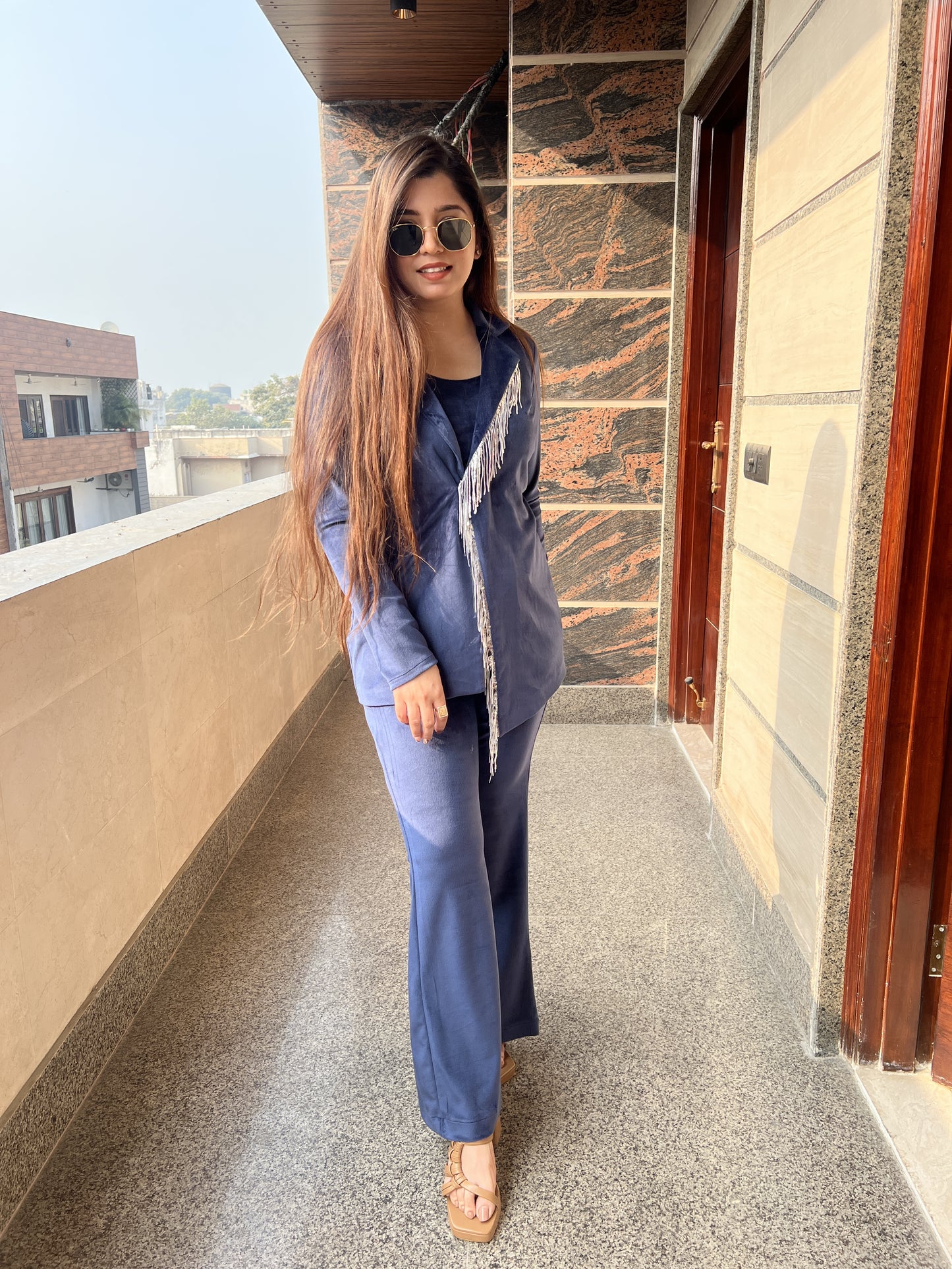 Renne Blue Velvet Three Piece Set