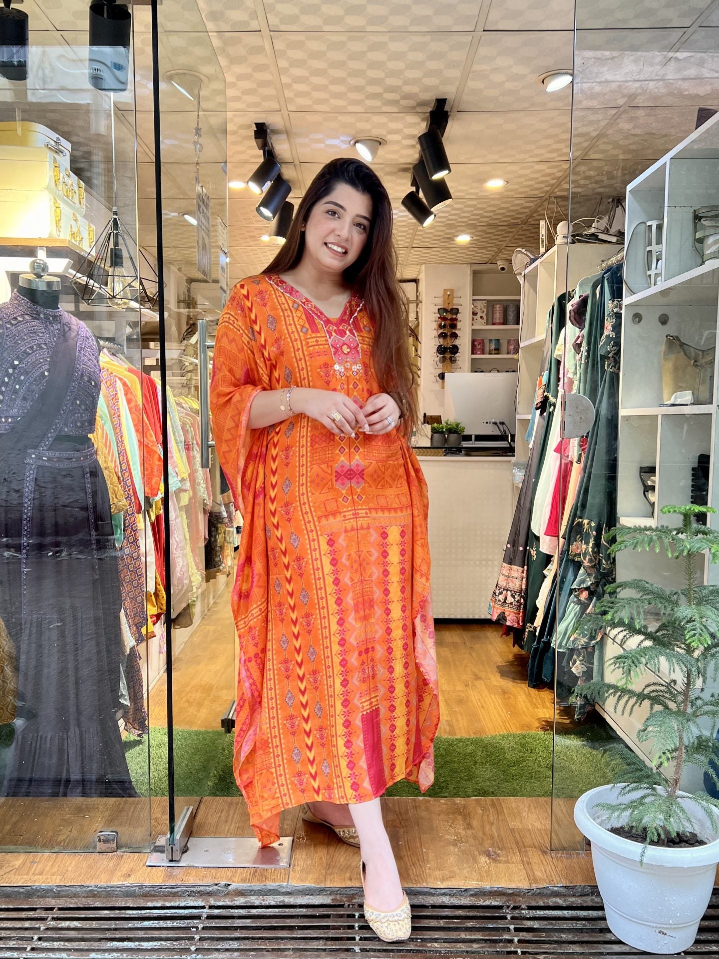 Orange Digital Print Kaftan Dress