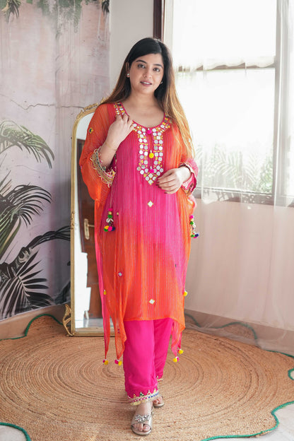 Maurya Orange Mirror Work Kaftan Set