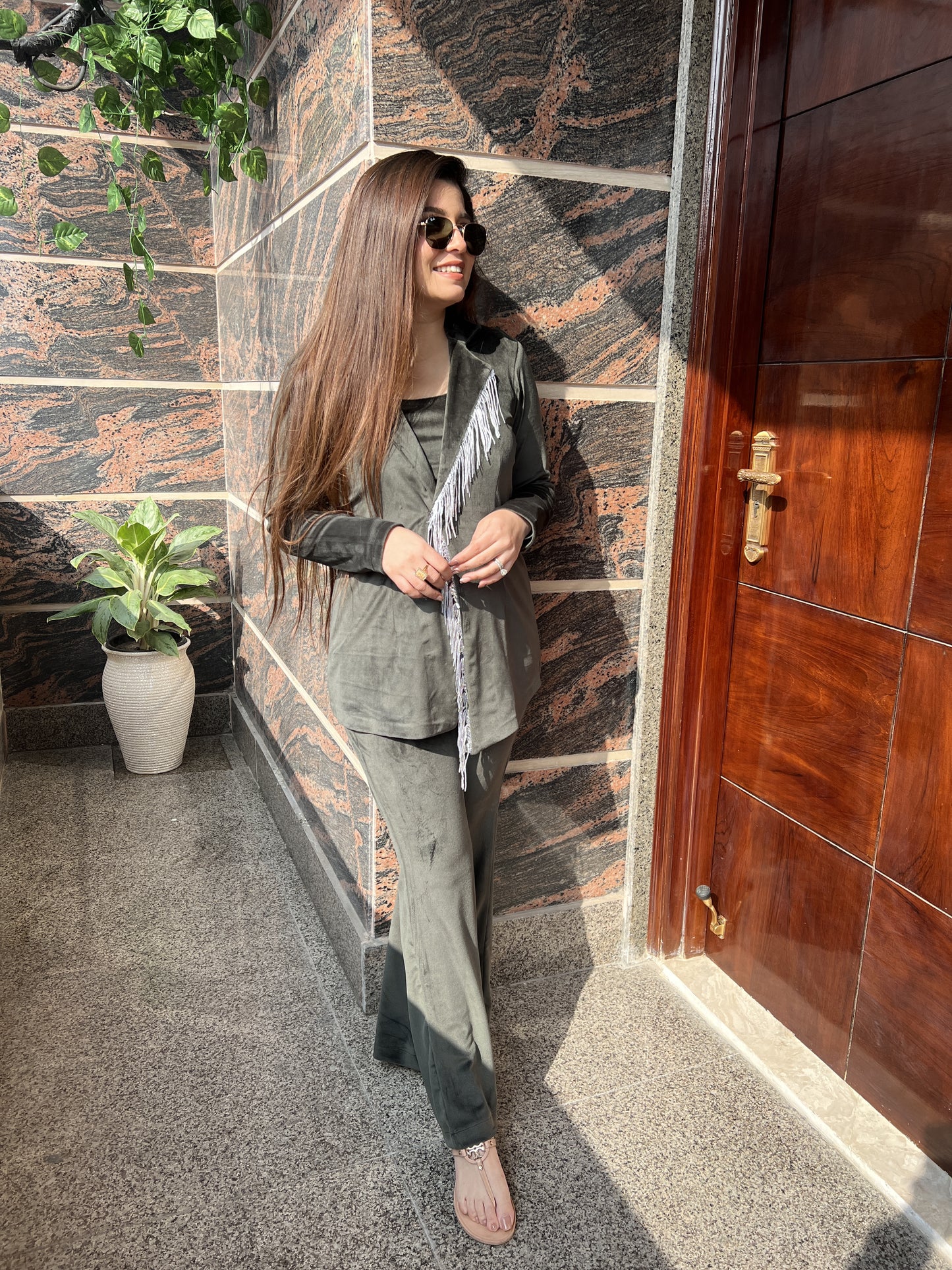 Renne Olive Velvet Three Piece Set