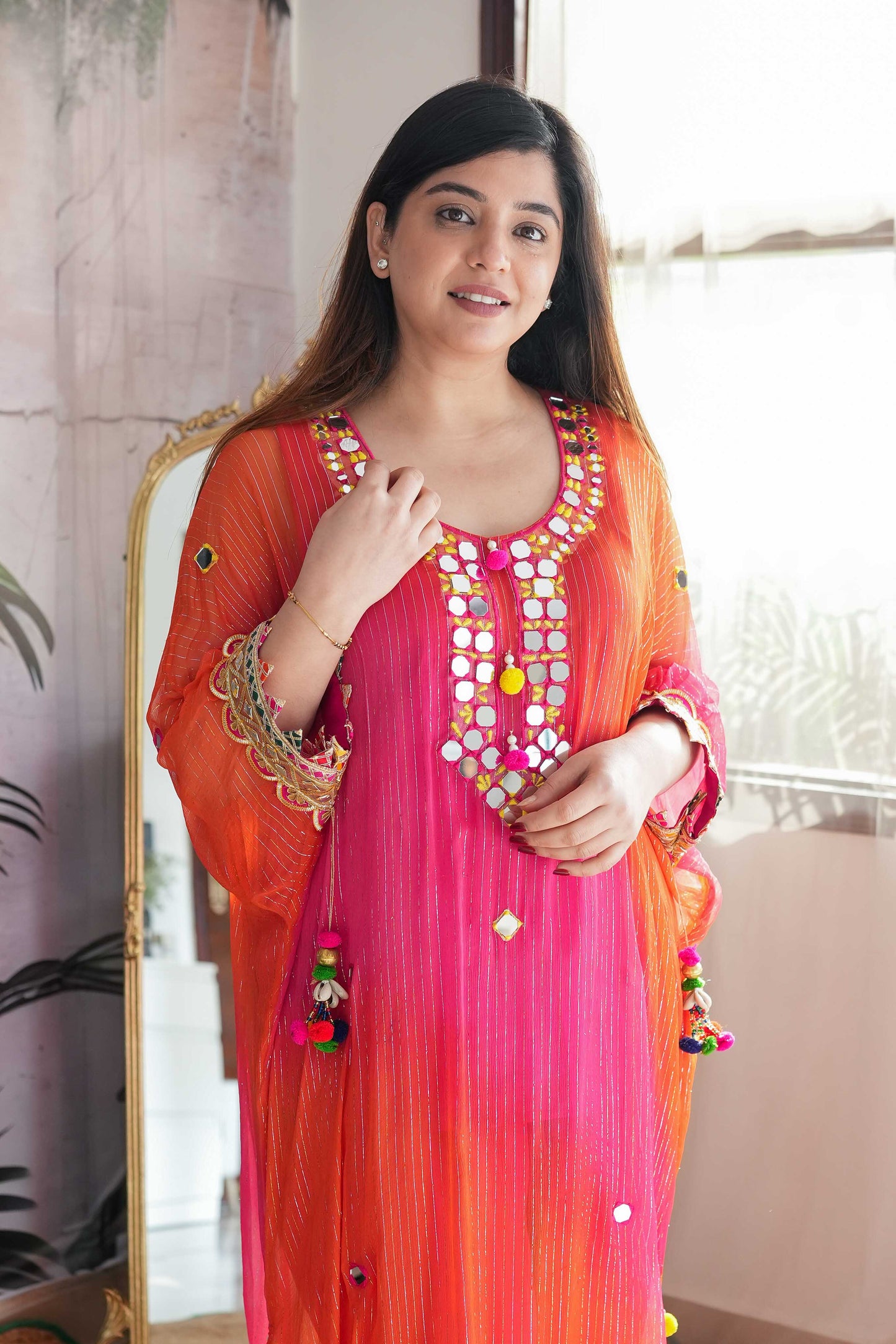 Maurya Orange Mirror Work Kaftan Set