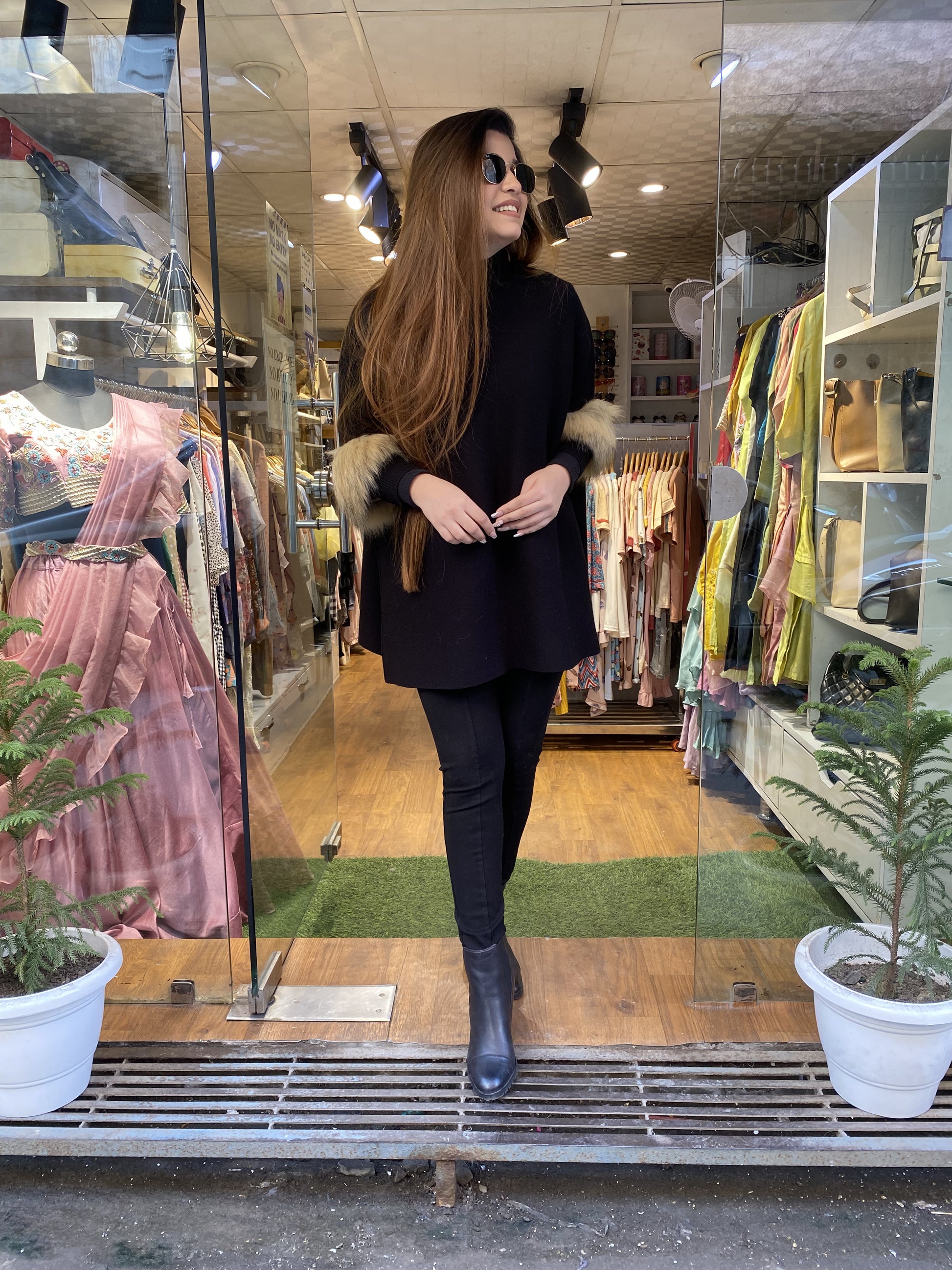 Milie Black Faux Furr Woollen Cape