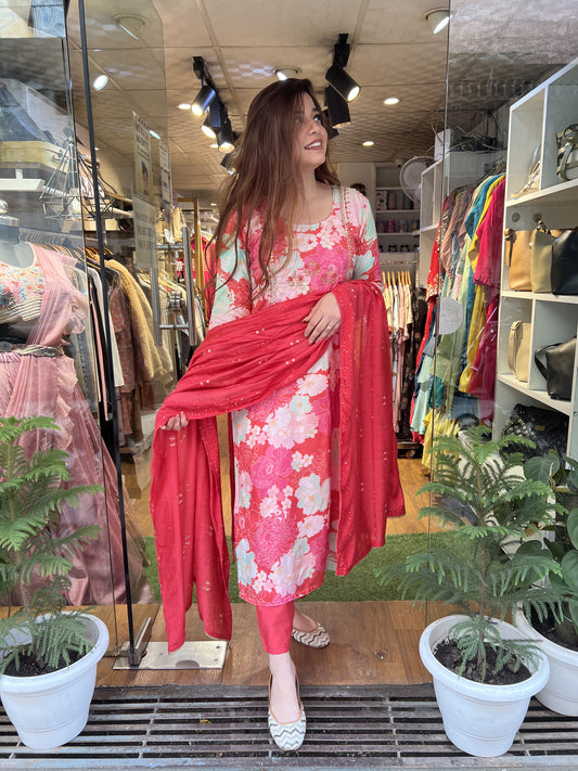 Simar Pink Printed Muslin Suit Set