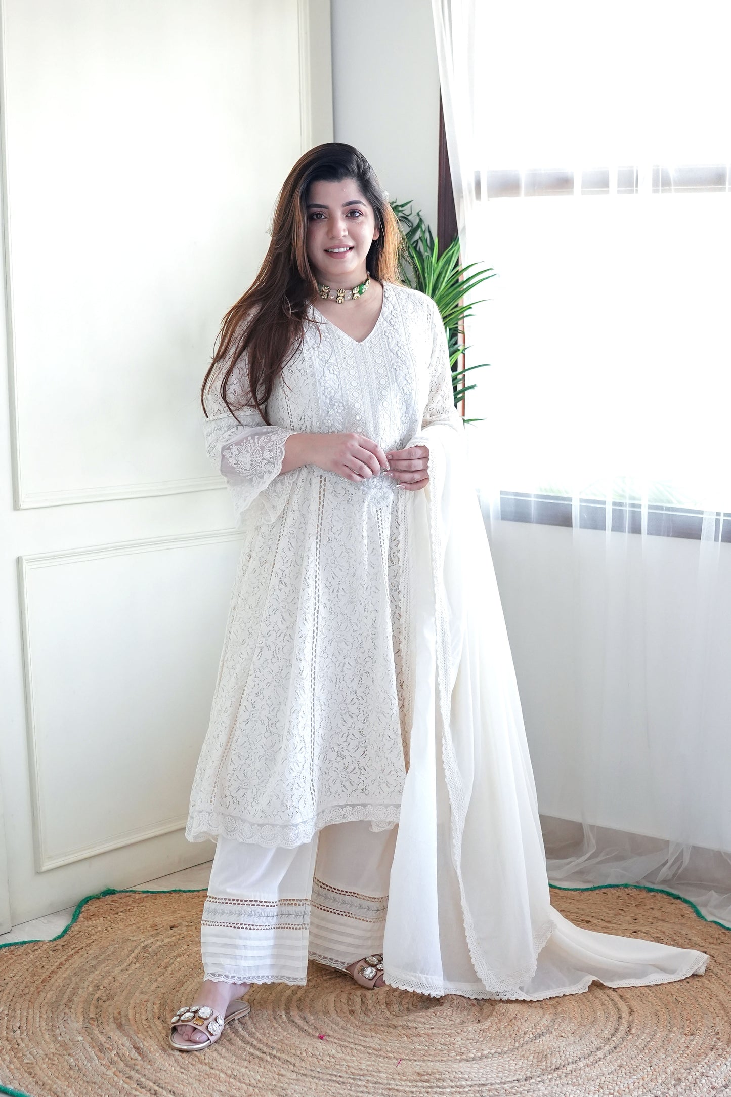 Heera White Schiffli Anarkali Suit