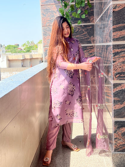 Meete Purple Chanderi Suit Set