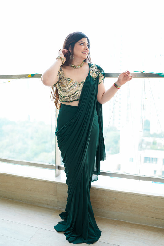 Raha Green Embroidered Drape Saree