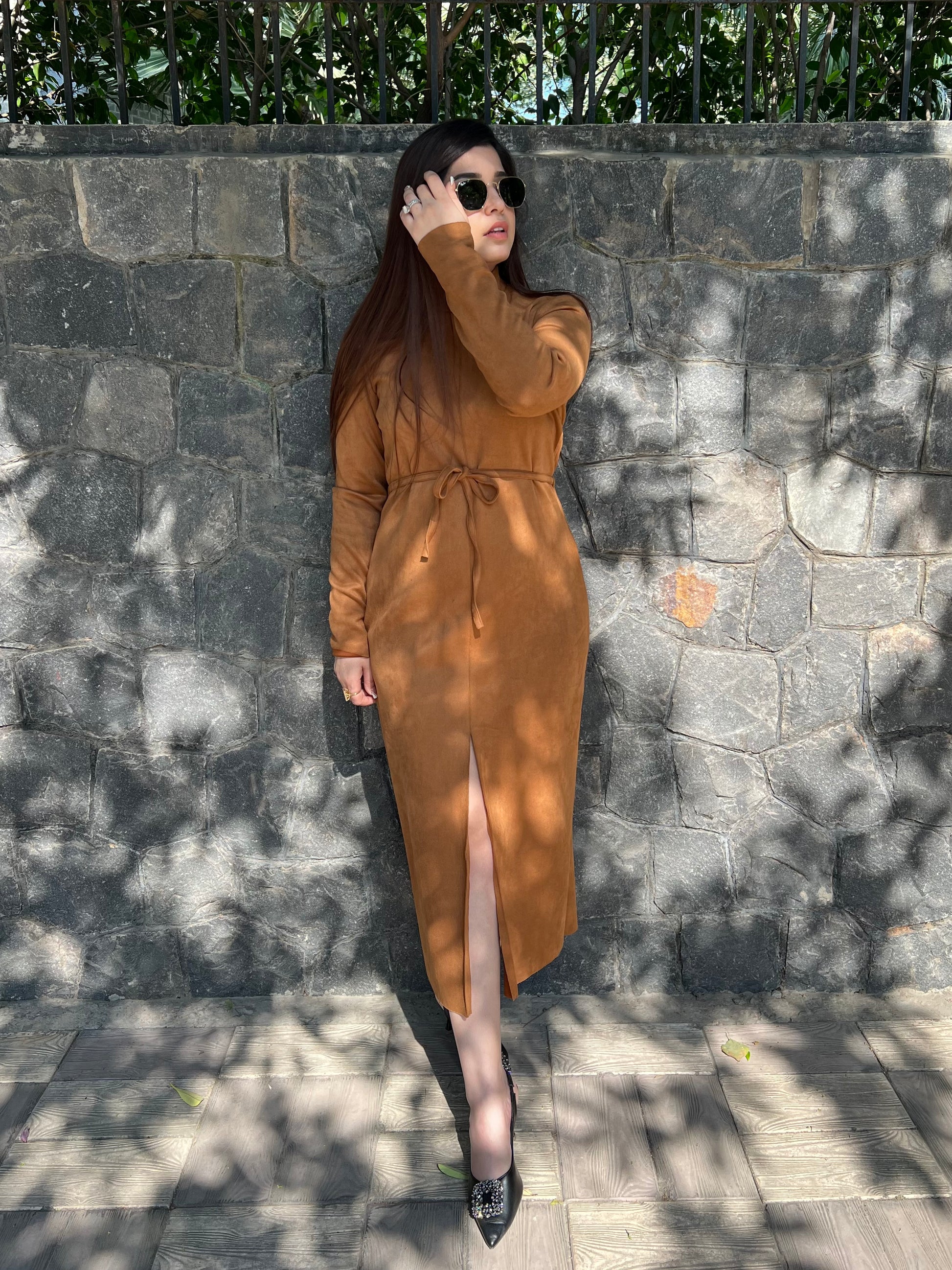 Fall Tan Front Slit Suede Dress