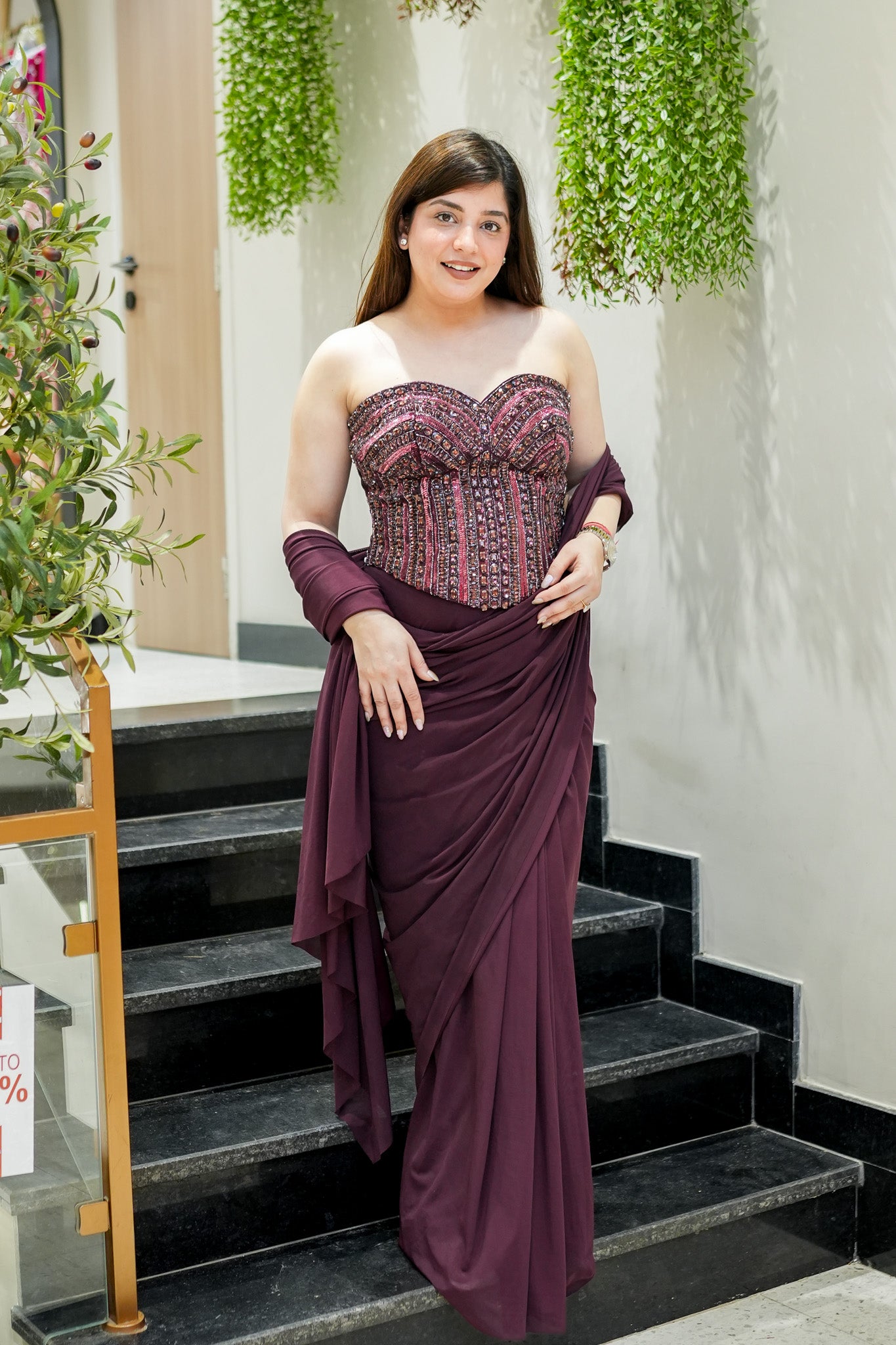 Fira Wine Crystal Embellished Corset Drape Saree