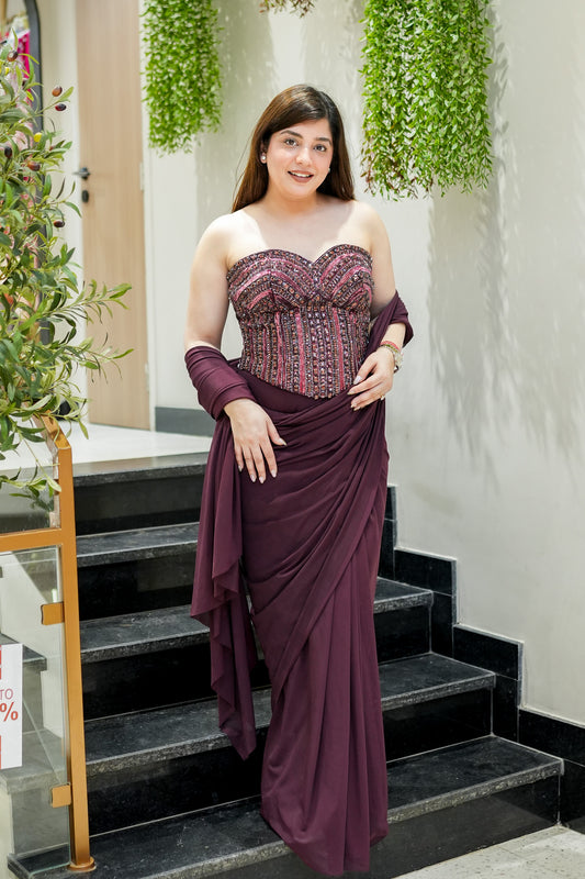 Fira Wine Crystal Embellished Corset Drape Saree