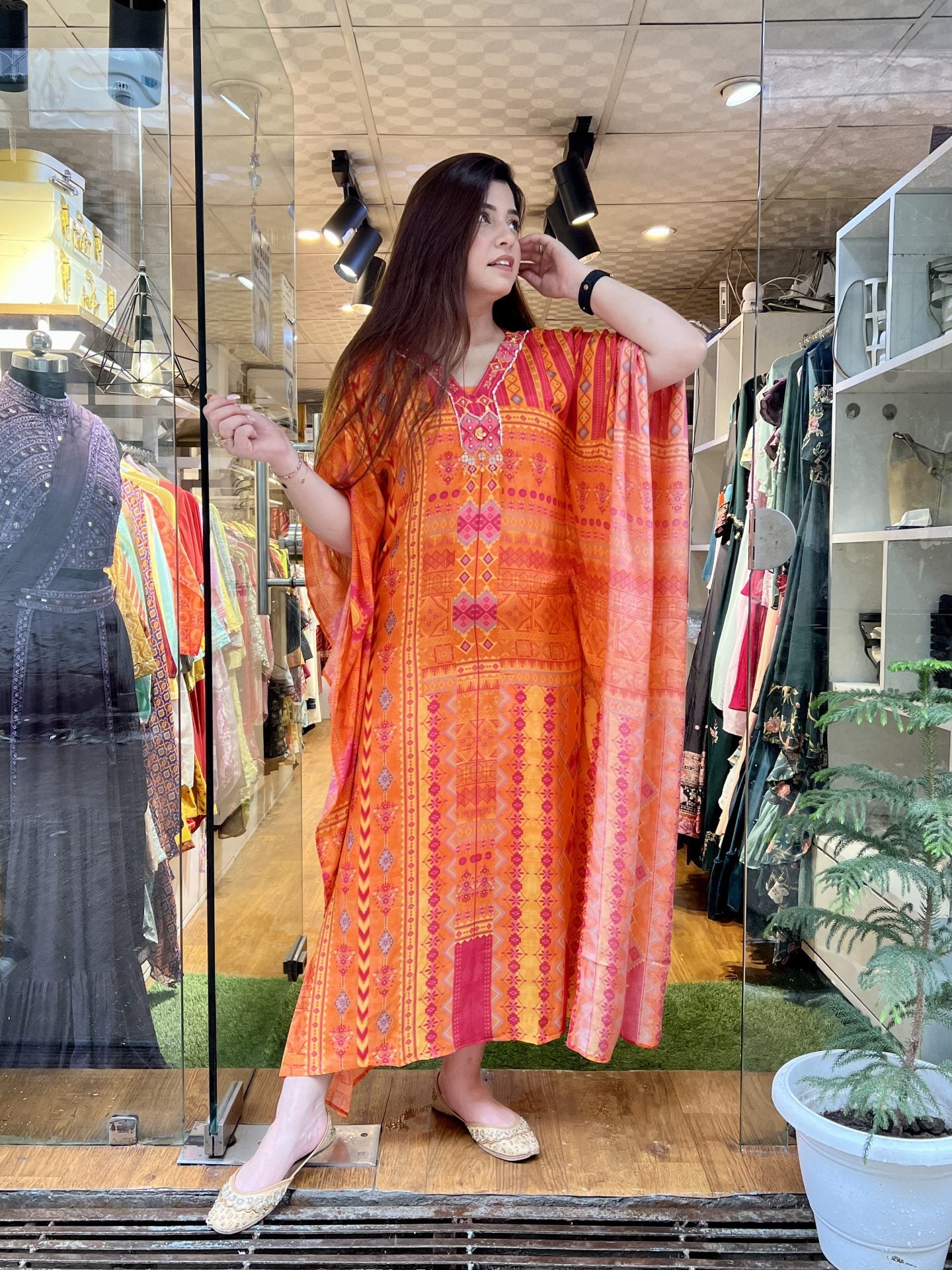 Orange Digital Print Kaftan Dress