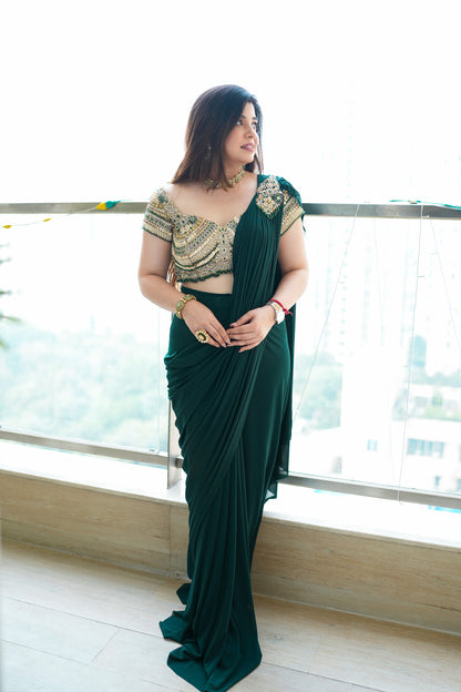 Raha Green Embroidered Drape Saree