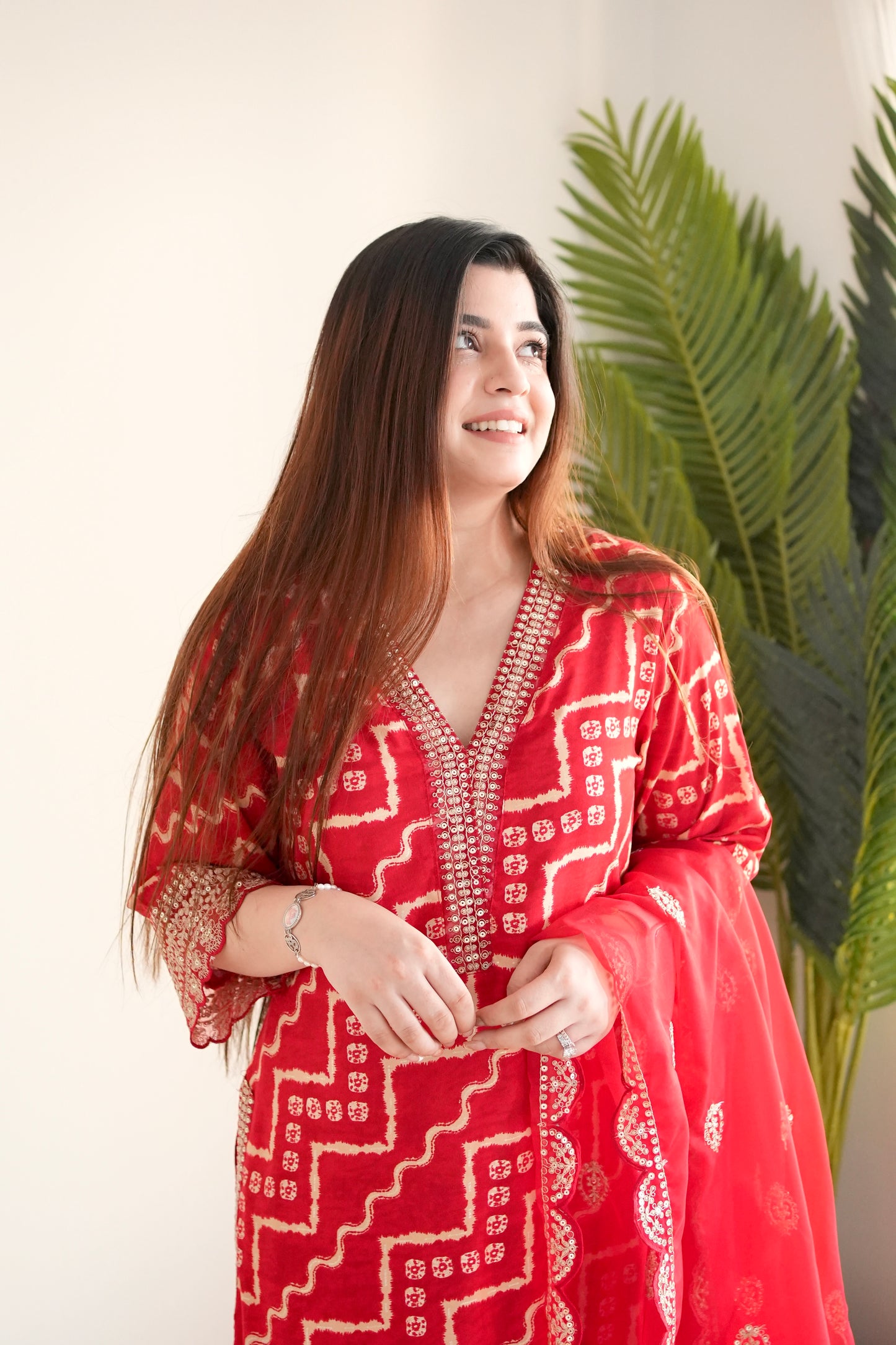 Farz Red Bandhani Print Suit Set