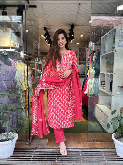 Seher Pink Suit Set With Schiffli Detailing