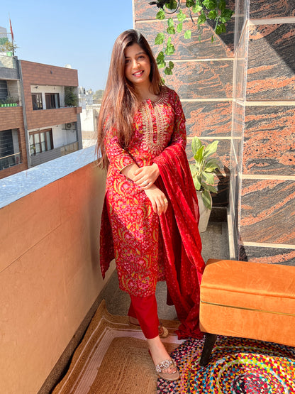 Meher Red Printed Suit Set