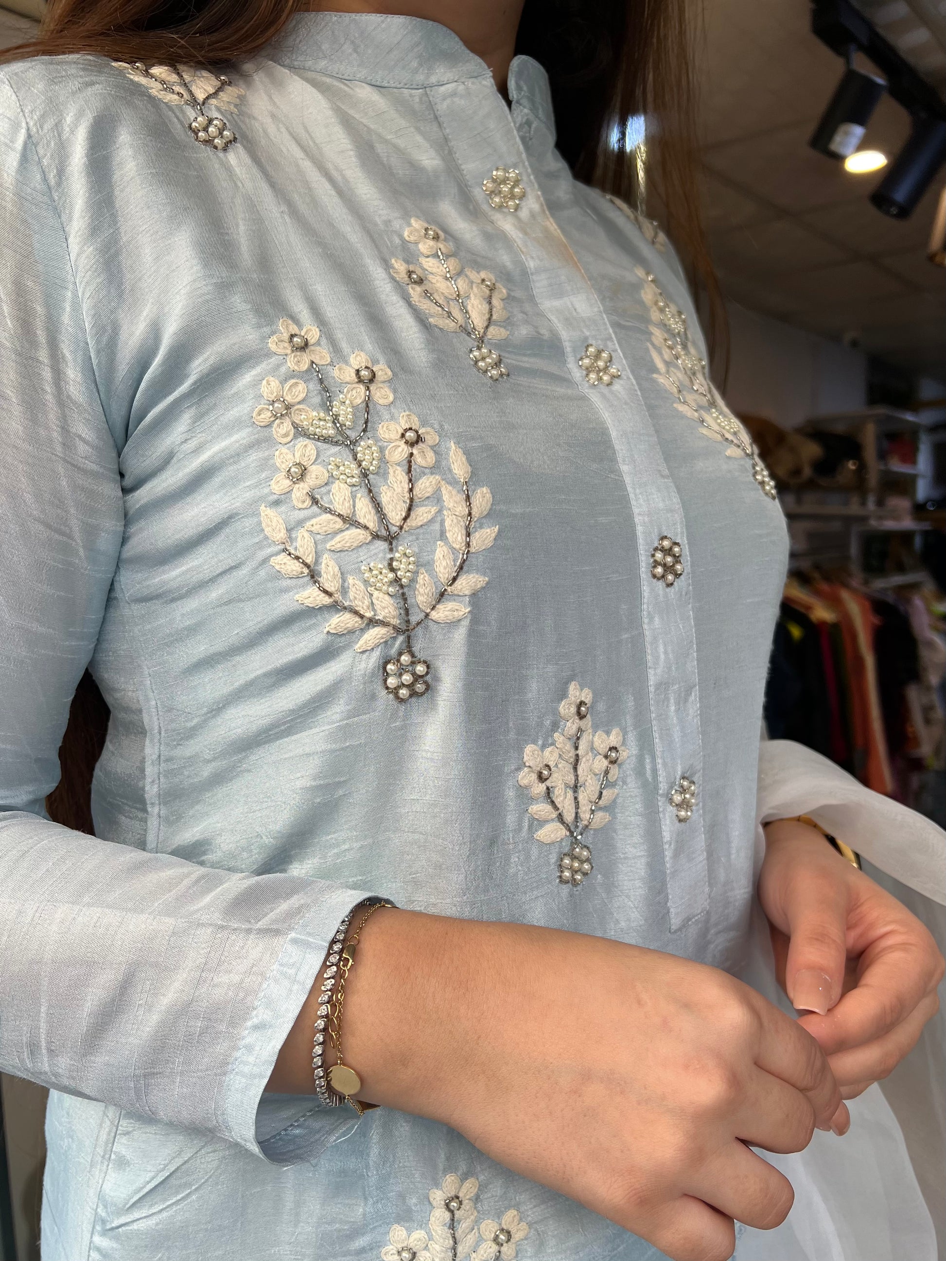 Root Blue Embroidered Silk Suit Set