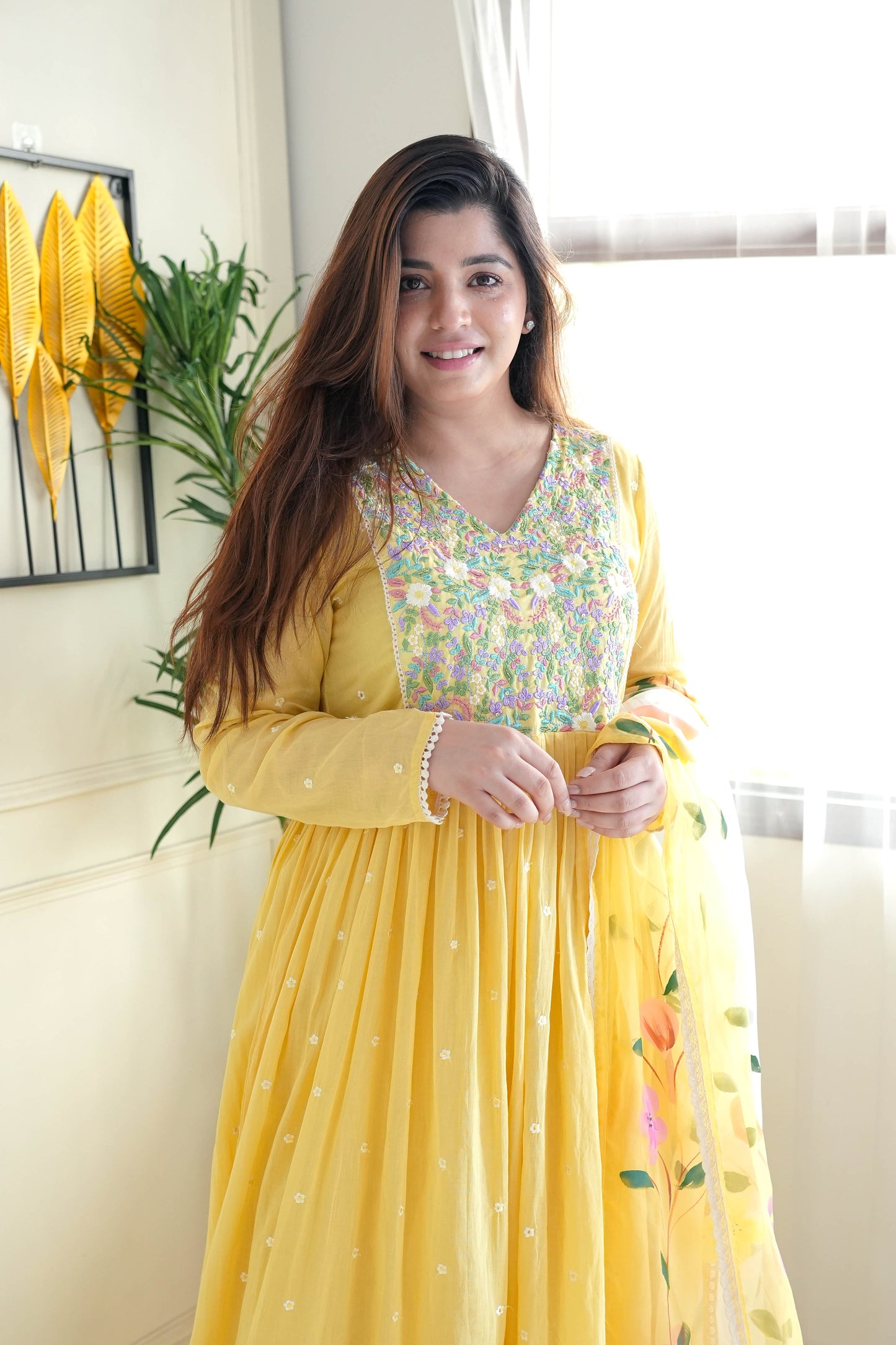 Niza Yellow Embroidered Anarkali Suit Set